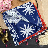 Vriksham White with Indigo Floral Print Cotton Mulmul Saree With Pom Pom Lace-VS4430